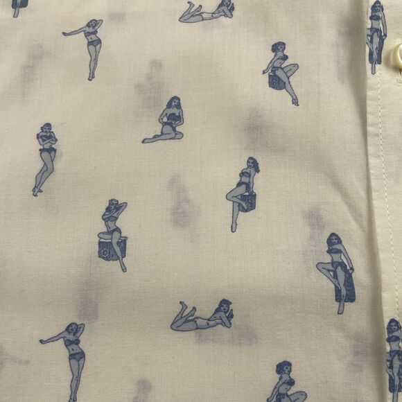 Slate & Stone Short Sleeve Button Up “Beach Girl” Shirt Print Cream-L - Picture 5 of 12